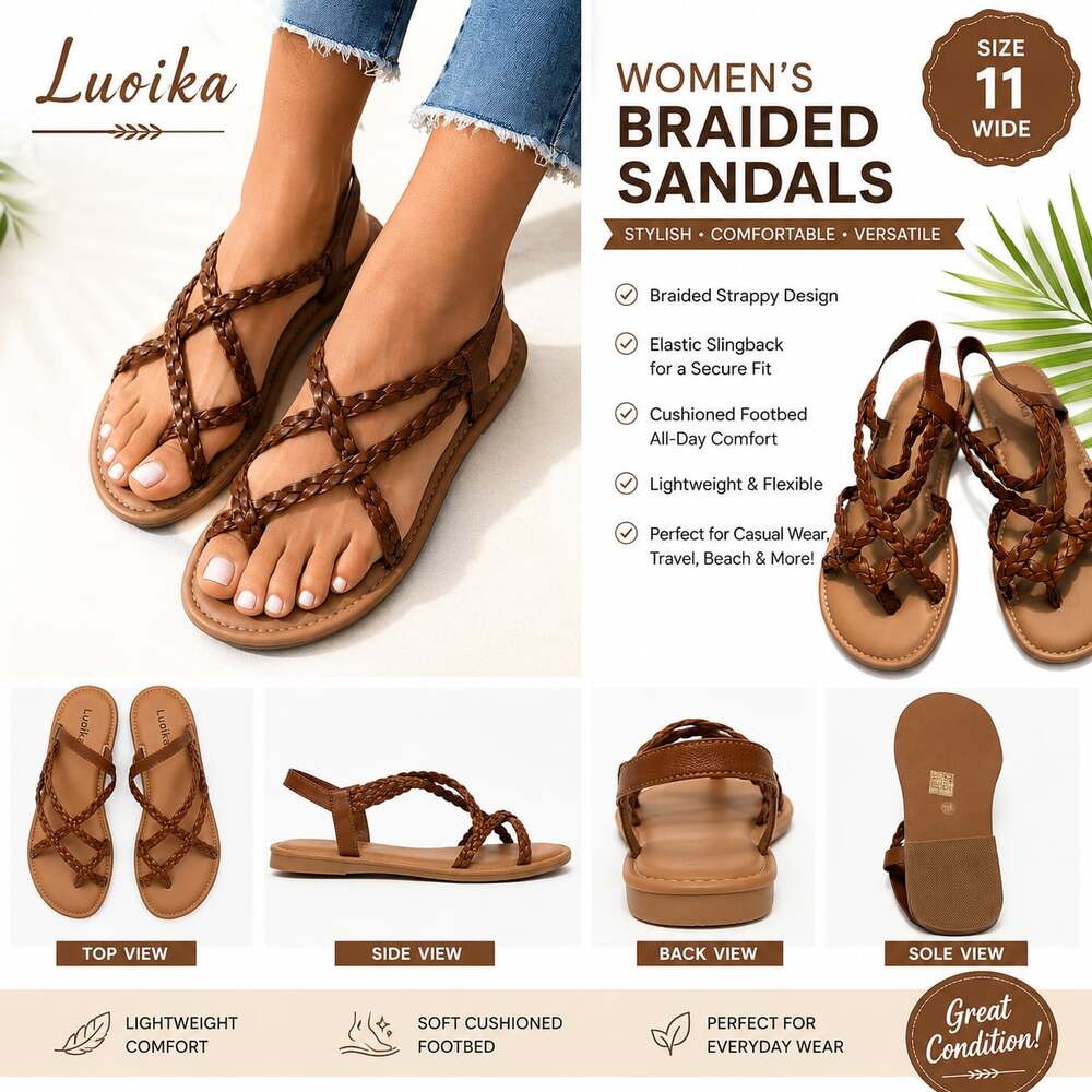 Women’s Luoika Brown Braided Strappy Flat Sandals Size 11 Wide